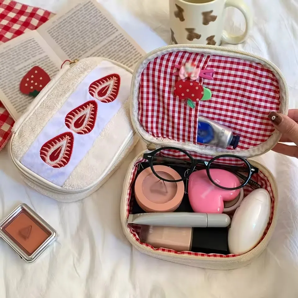 Strawberry Embroidery Multi Functional Large Capacity Storage Bag Portable Cosmetic Pouch Cute /Korean Style Embroidered Bag