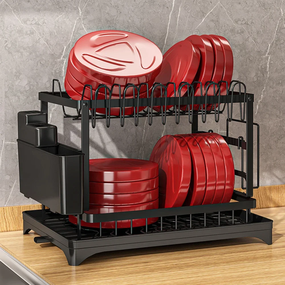 2 Tier Dish Bowl Drainer Storage Rack Dish Drying Rack with Drain Basket Countertop Kitchen Sink Dinnerware Organizer Drainboard