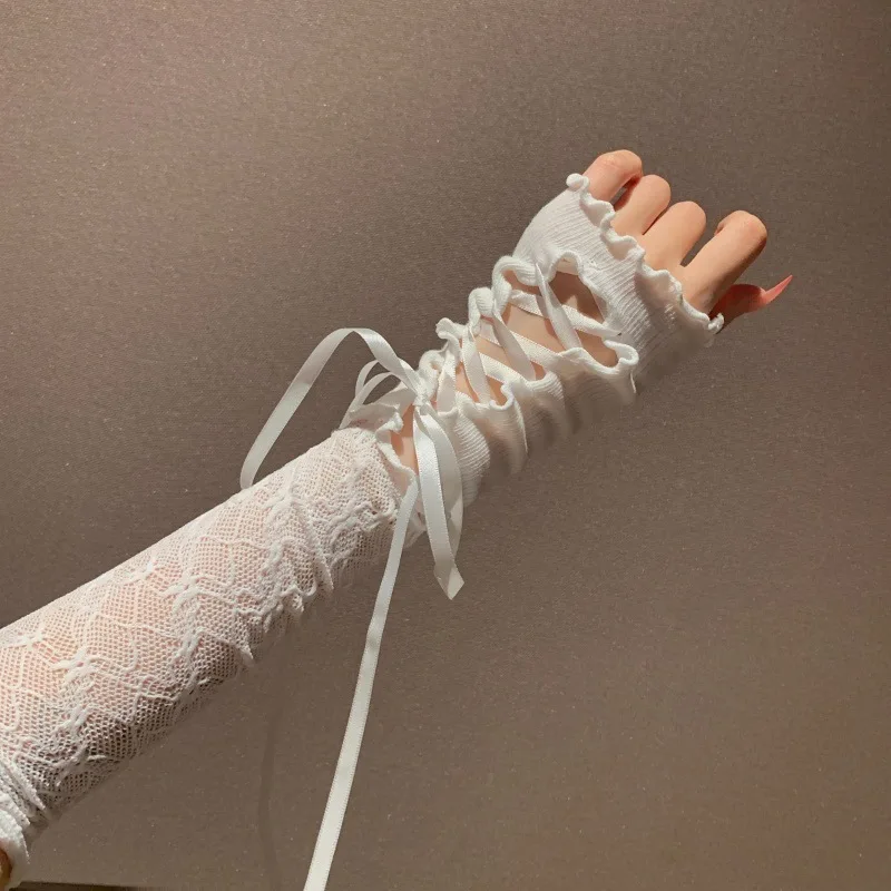 

Lolita Women's Lace Tie Cuffs Jk Girls Ballet Style Arm Sleeves Luxury Prom Decorative Gloves White Lace-up Spring Sleeves