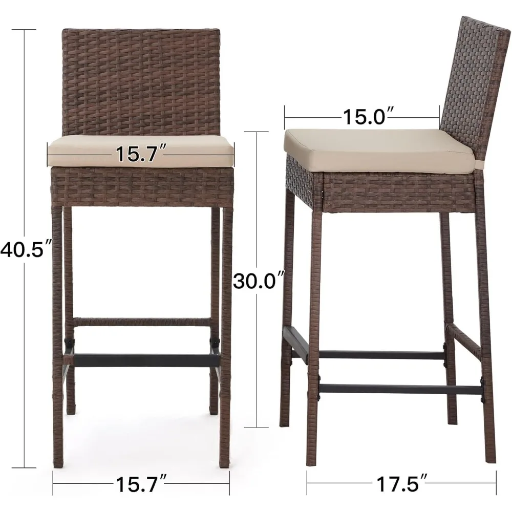 Outdoor Bar Stools, Wicker Woven Patio Stools & Patio Bar Chairs with Seat Cushion and Cozy Footrest, Rattan Furniture Armless