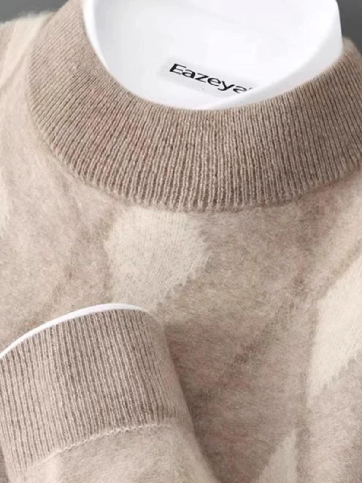 

Мужской свитер из 100% чистой шерсти, вязаный, повседневный, свободного кроя, с воротником-стойкой, утолщенный, с ромбовидным узором, кашемировый свитер в стиле пэчворк