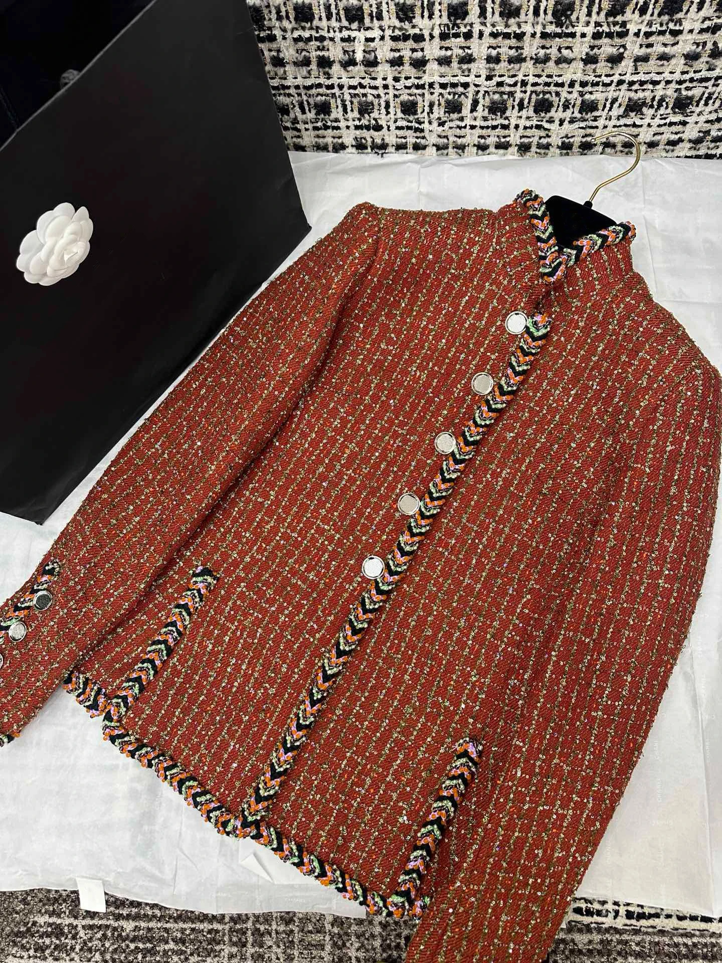 

EVACANDIS Women New Sequins Beading Stand Collar Tweed Coat Wool Blend Silk Lining Elegant Single Breasted Vintage High Quality