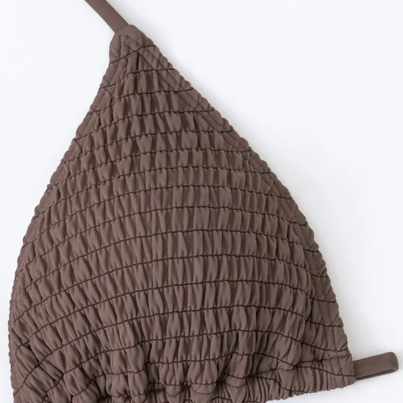 Sexy Brown Ruched Swimwear Triangle Halter String Bikinis Set Women Swimsuits High Leg Cut Bathing Suits Biquinis Bikini Mujer