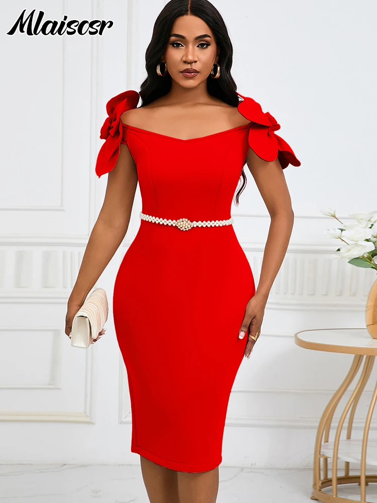 Mlaiscsr Sexy Off the Shoulder Petal Sleeve Mid Dresses with Sashes Woman Clothing Office Lady Elegant Birthday Party Prom Robe