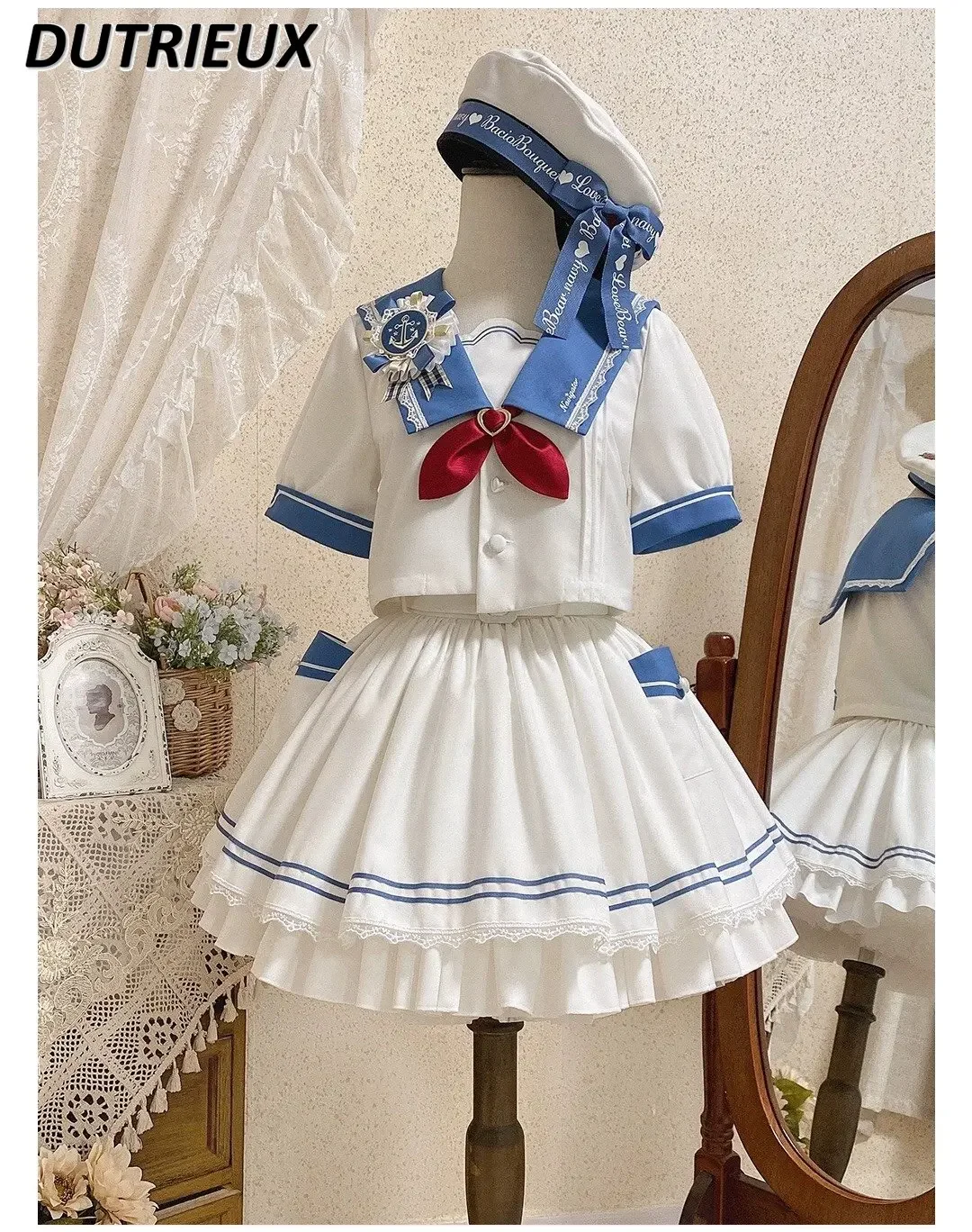 Casual Oufits Summer Naval Preppy Style Sweet Cute Girl JK Suit Uniform Short Sleeve Top and Skirt Set Fashion Two Piece Set