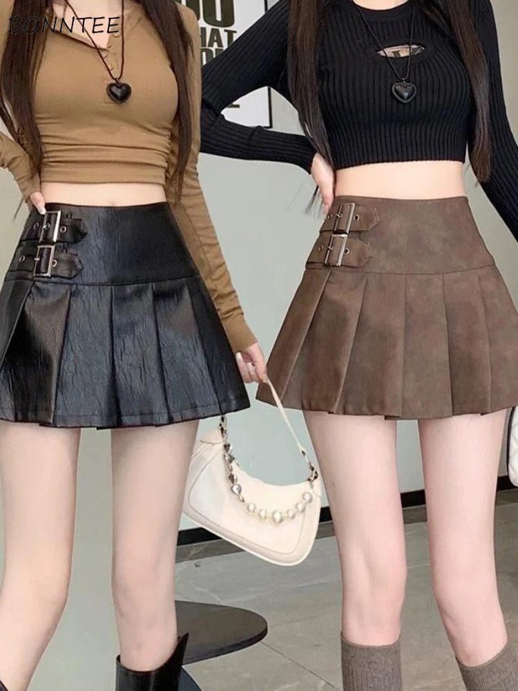 PU Pleated Skirts Women Solid Cleanfit Vintage Preppy A-line High Waist Faldas Mini Skirt K Pop Clothing Streetwear Womens Ins