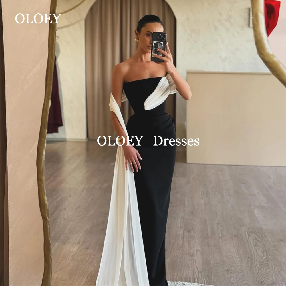 

OLOEY Black White Arabic Formal Prom Dresses Off Shoulder Floor Length Mermaid Wedding Party Gowns Customized Pleats Satin