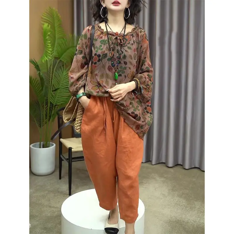 Temperament Retro Printed Round Neck Long Sleeved Women\'s T-shirt Ethnic Style Cotton Linen Casual Versatile Loose Tie Pants Set