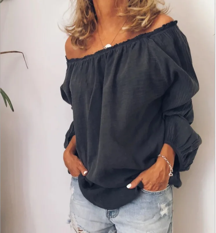 Spring Blouse Long Sleeve Women Casual Solid Color Off Shoulder Women Shirt Dressing Up Elastic Collar Lady Shirt Streetwear