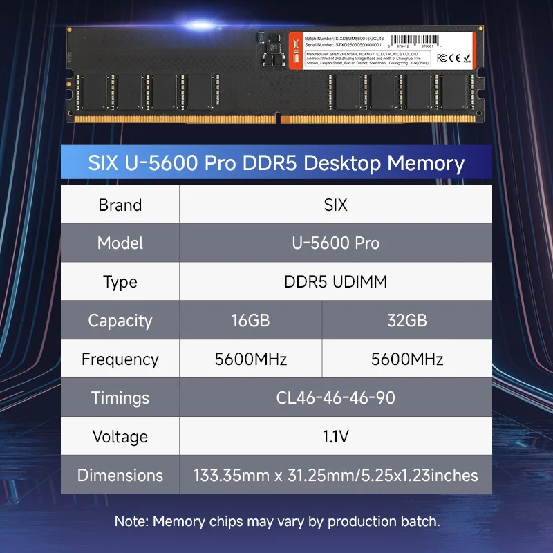 SIX U-5600PRO DDR5 RAM 32 GB UDIMM, 5600 MHz CL46-46-46-90, modulo di memoria desktop