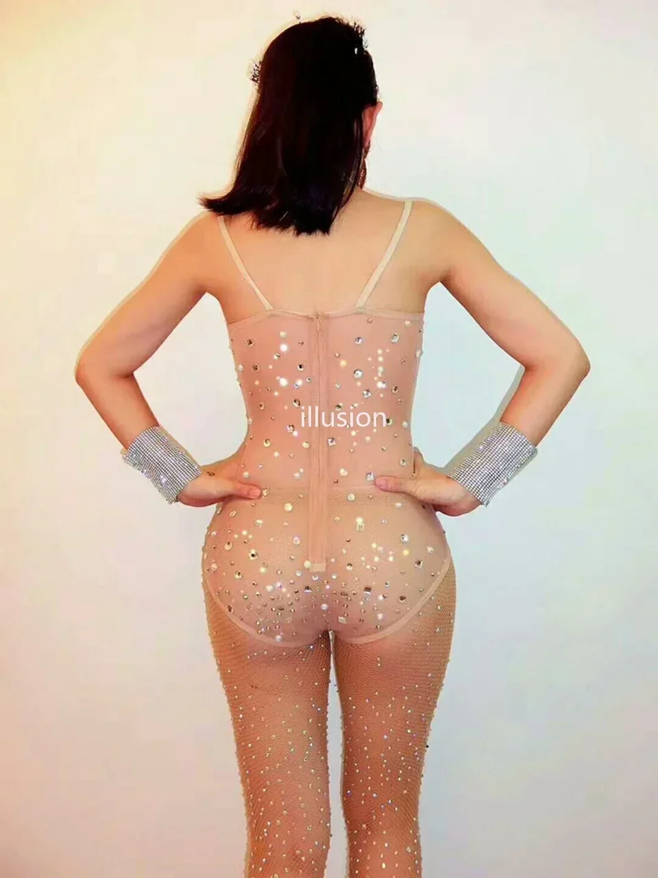 Sexy V Neck Transparent Mesh Striped Rhinestones Bodysuit Women Singer Stage Performance Costume Luxurious Pearls Dress