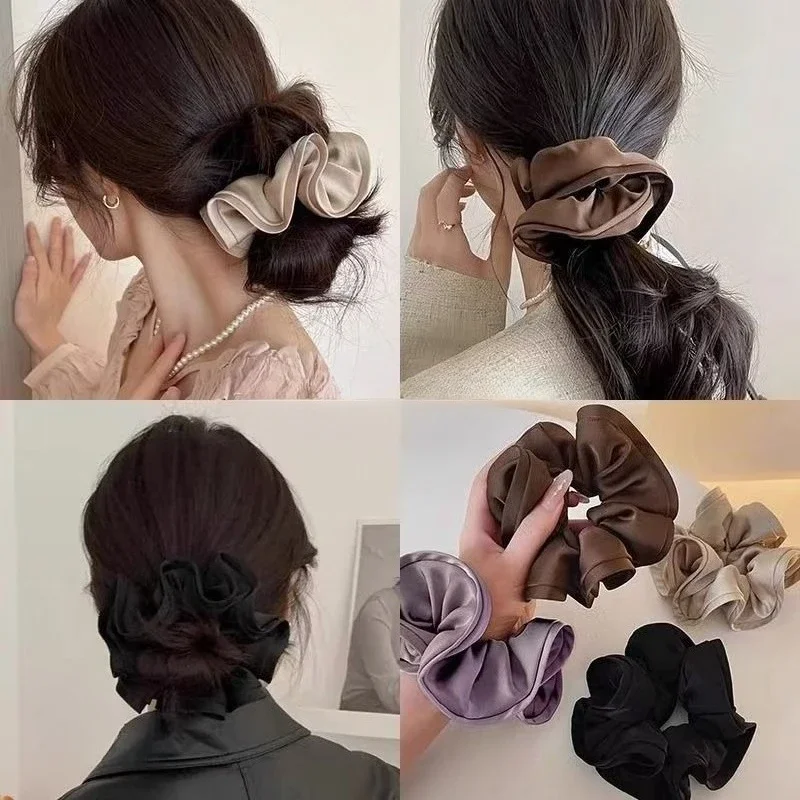 

French Elegant Satin Super Fairy Large Hair Scrunchies Ruffle Elastic Rubber Bands Girls Sweet Hair Ties Ropes Hair Accessories