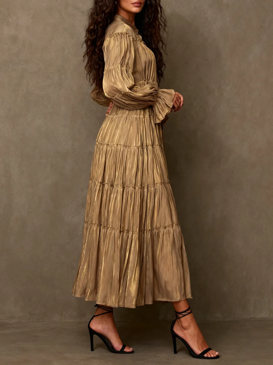 VGH 솔리드 프렌치 엘레강트 스플릿 드레스 여성용 라펠 랜터 슬리브 하이 웨이스트 스플라이스드 레이스업 드레이프 드레스 여성 패션 신상