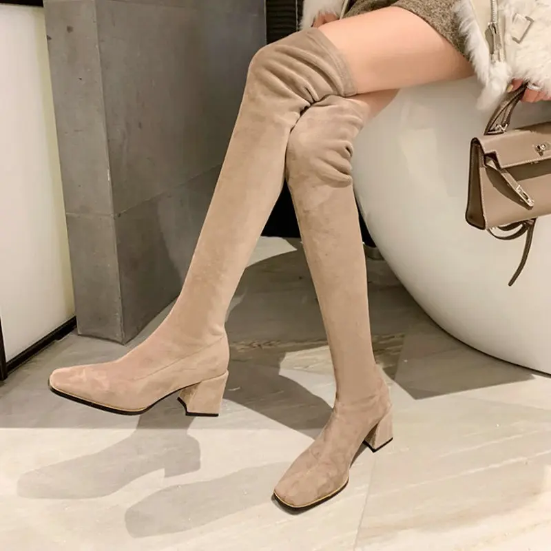 QPLYXCO Nubuck Suede Leather Nude Color Sexy Lady Over-the-Knee Booties Chunky Square High Heels Women Winter Stretch Boots