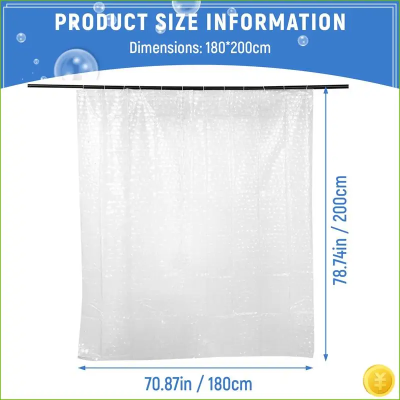 Clear EVA Shower Curtain Liner Waterproof Transparent 3D Water Square Bathroom Curtain In 71Inch X 79Inch, 12 Hooks