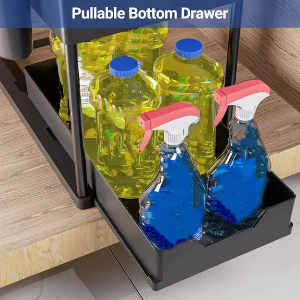 

2 Tier Kitchen Sink Organizer Multi-function With Hooks Storage Rack Hanging Cup Sliding Inner Basket Bathroom Organizer Kitchen