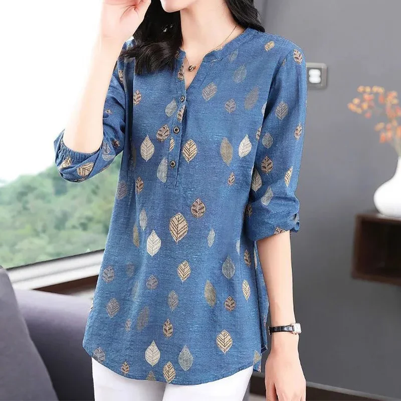 Casual Mode Vintage Print Drie Knopen Lang Shirt Zomer Herfst 2023 V-Hals Lange Mouw Losse H Stijl Tops Dames Kleding