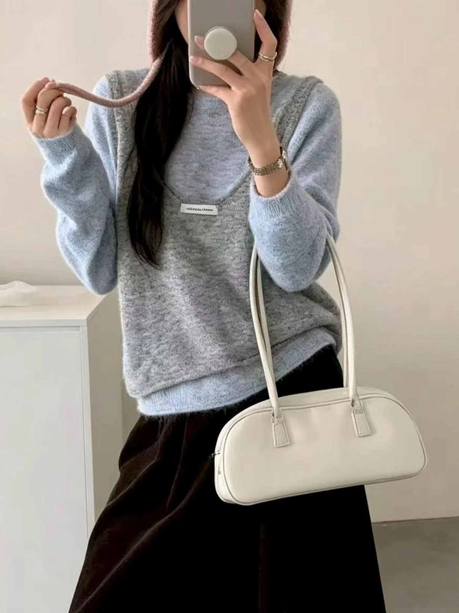 Korean Style Lazy Knitted Sweater Women's Layering Tank Top Color Block Two-Piece Set Spring Autumn Casual Soft Long Sleeve