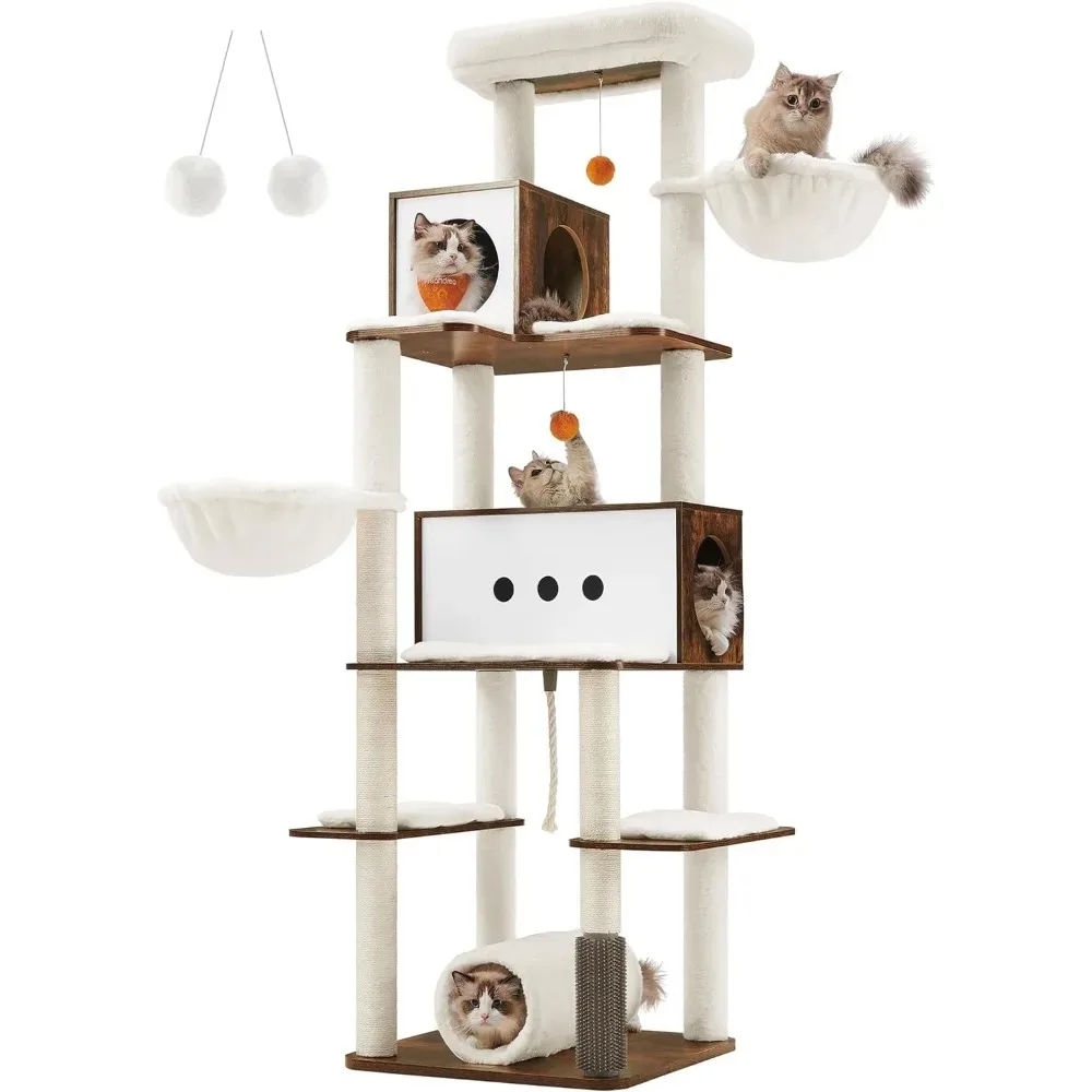 Cat Tree, 77.5-Inch Tall Modern Cat Tower,  with 2 Caves&Baskets, 4 Scratching Posts, Tunnel, Perch, Multi-Level Cat Condo