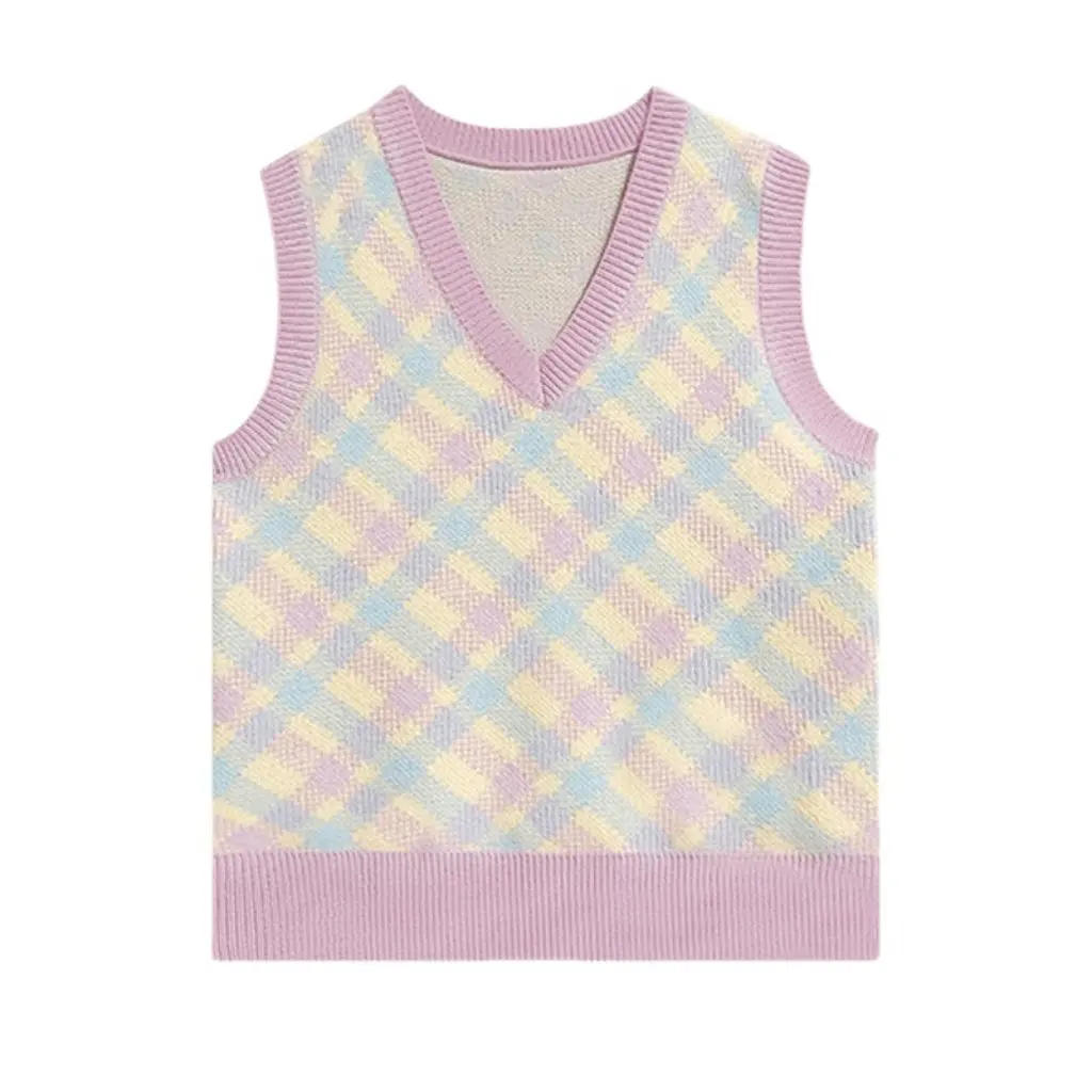

Women's Korean Style V Neck Sleeveless Knitted Sweater Vest Diamond Pattern Loose Top