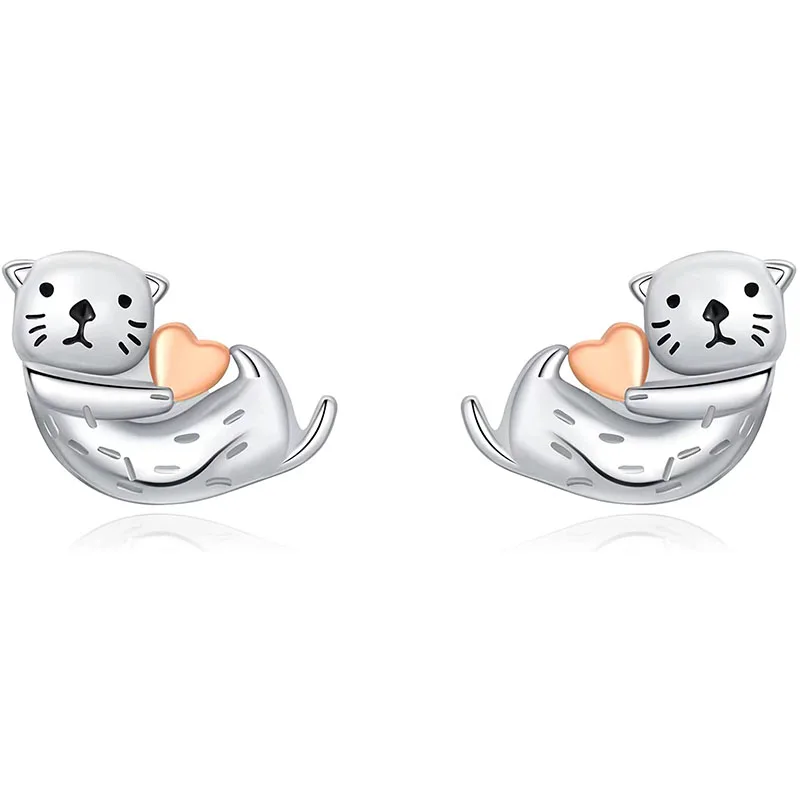 European American Jewelry Sea Otter Earrings For Women Cute Marine Animal Earring 925 Silver Ear Stud Fashion Girl Gift KOFSAC