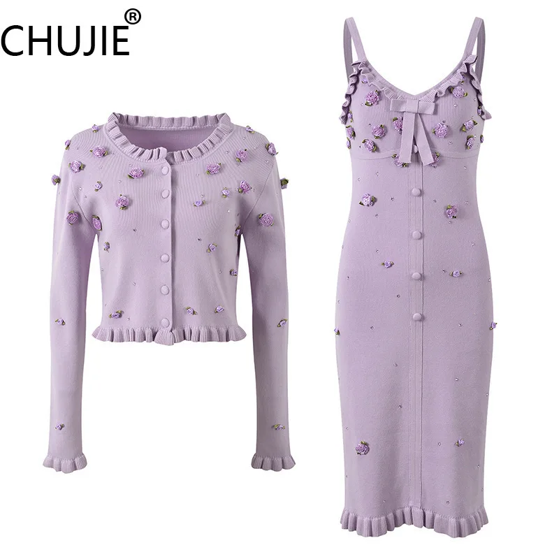 

CHUJIE Women's Suit Fashion Commuter Leisure 3D Flower Long Sleeve Knitted Jacket Slimming Strap Dress 2025 Spring/Summer New