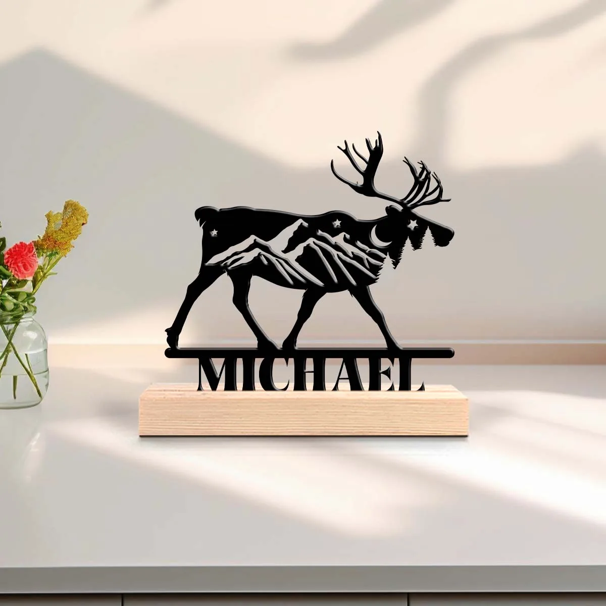 1pc Customizable Metal Desktop Ornaments Custom Name Equipped with Wooden Base Suitable for Fireplaces,Study Rooms,and Offices
