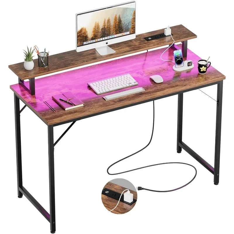 47 inch Computer Desk with Power Outlets, abd LED Lights, Home Work Desks with Monitor Shelf, Modern Office