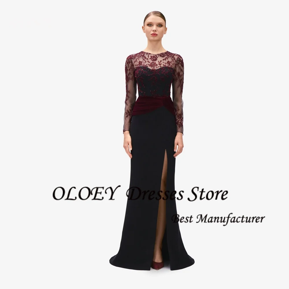 OLOEY O-neck Jersey Straight Evening Dress Full Sleeves With Lace Party Dress Floor Length Prom Gown Side High Slit Customized