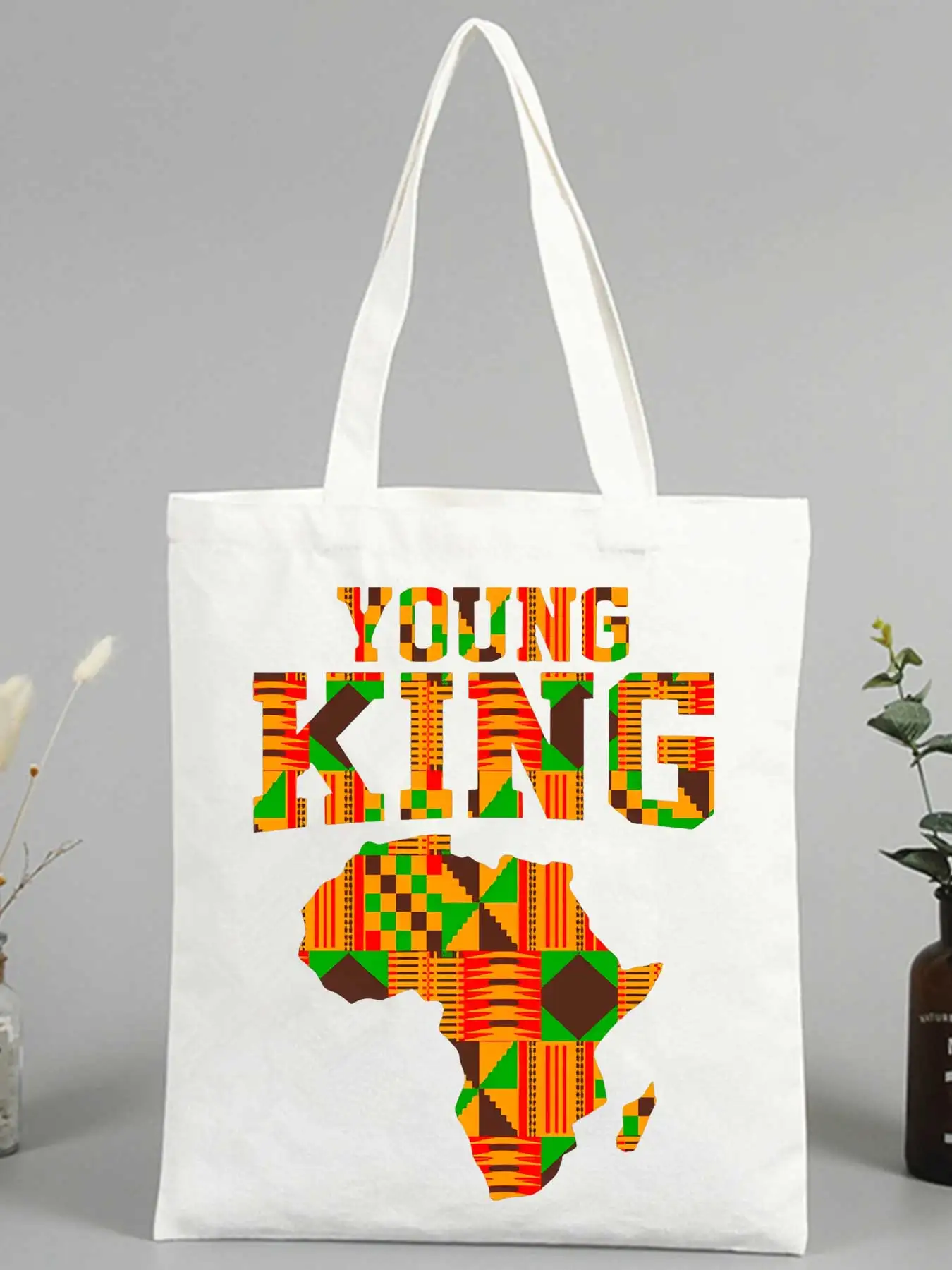 Men's African-inspired geometric print canvas tote bag, urban style for daily shopping and casual outings