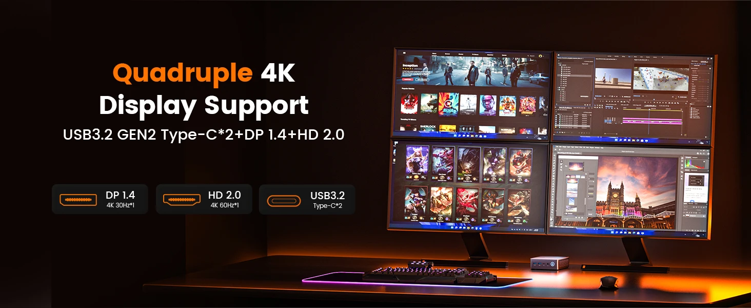 PELADN WO7 Mini PC AMD Ryzen 7 7735U (8C/16T, up to 4.75Ghz) 16GB DDR5+1TB SSD WiFi6 BT5.2 Quadruple-Display Mini Computer