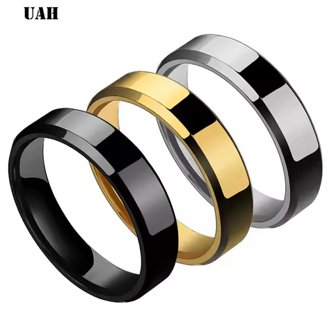UAH 2018 6mm Titanium Steel Black Finger Rings Set For Man Silver Plated Ring For Women Golden-color Jewelry Female Wedding Ring
