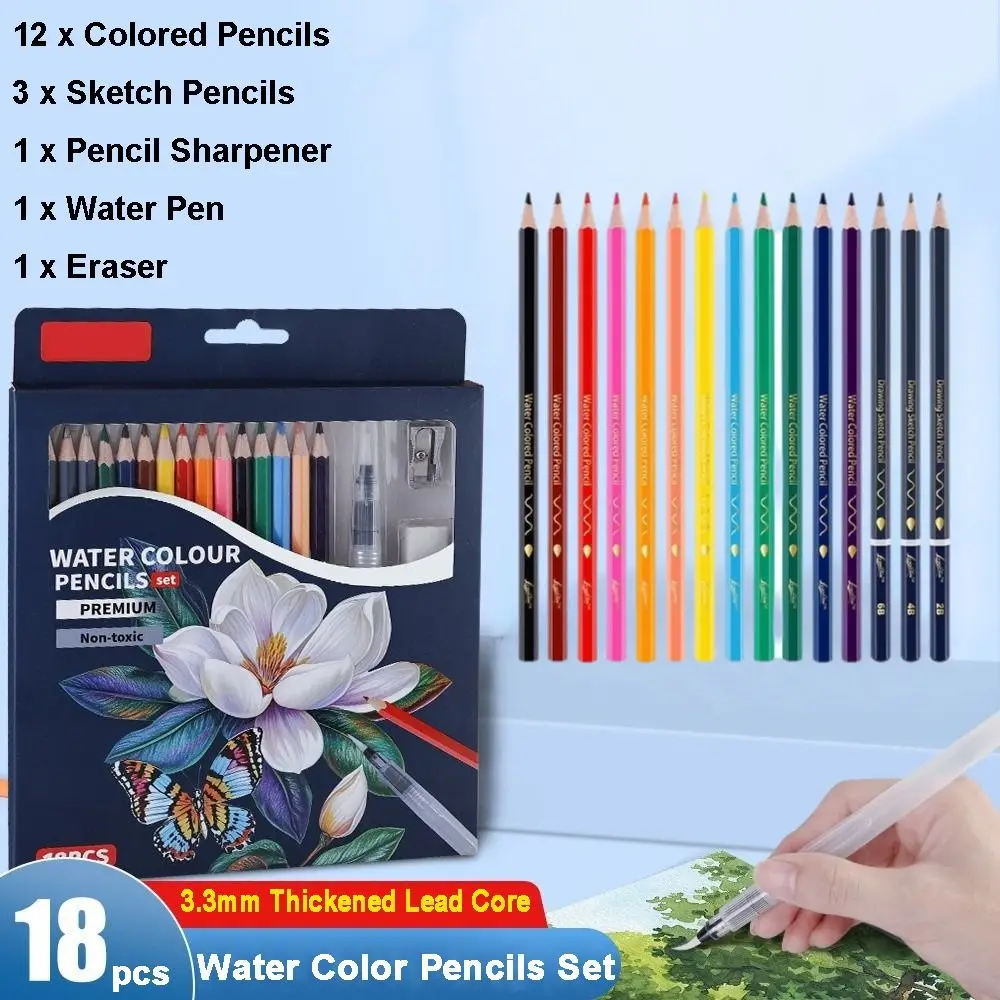 

18PCS/SET 15 Colors Water Color Pencils Water-soluble Vibrant Colors Drawing Sketch Pencils 3.3mm Thickened Lead Core