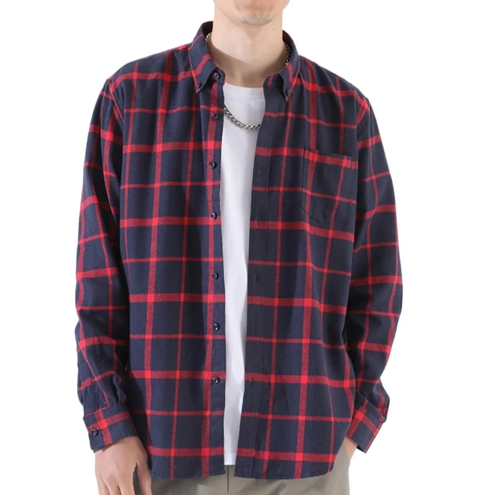 

Fashion Cotton Men Blouse Lapel Button Up Plaid Oversized Shirts All Match Large Size Grid Blouse Women Travel