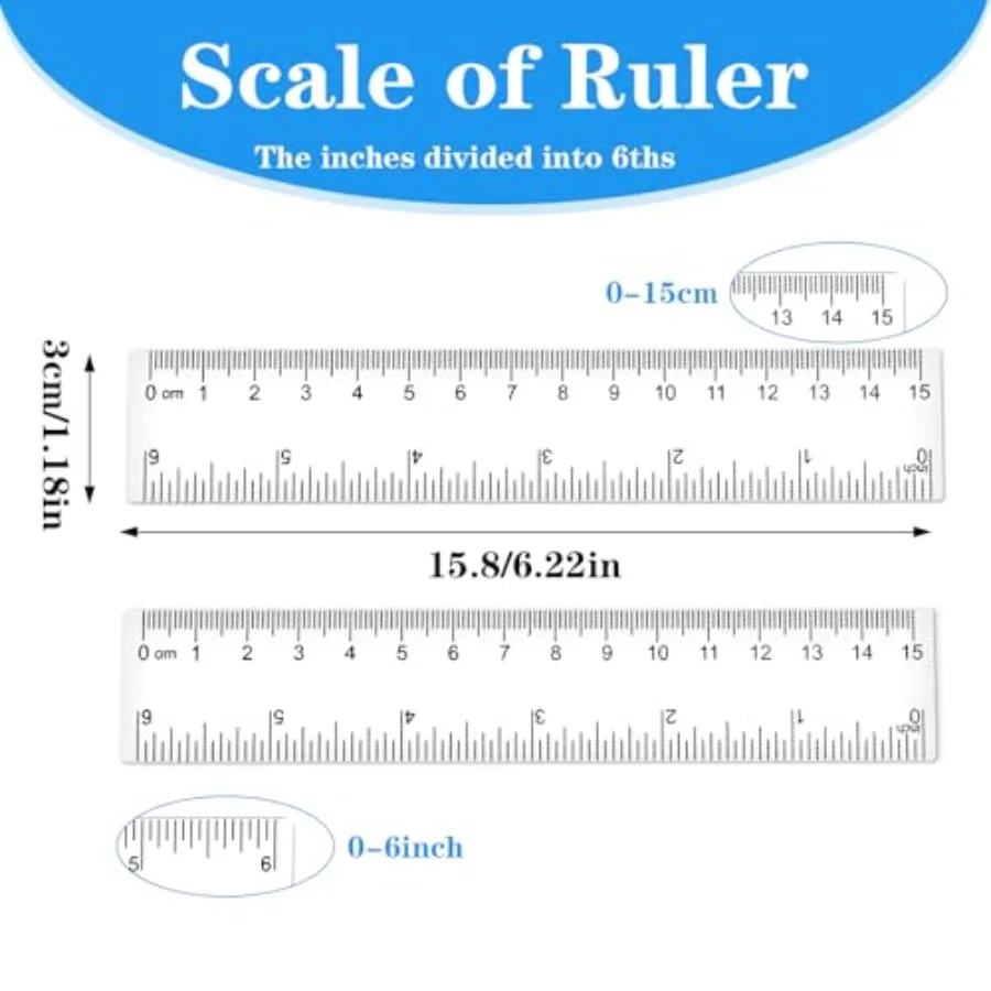 School and office use: clear plastic ruler, transparent, 6-inch straight edge with inches and centimeters, precise measuring to