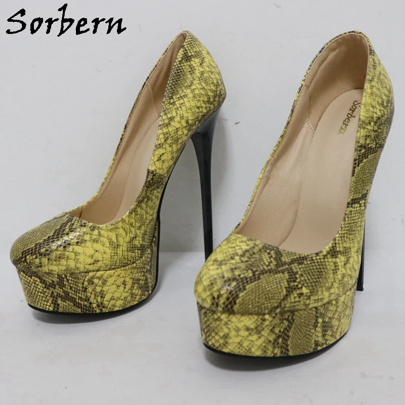 Sorbern Yellow Python Women Pump Shoes Super Thin High Heel Stilettos Platform Slip On Shoe Footwear For Night Club Girls