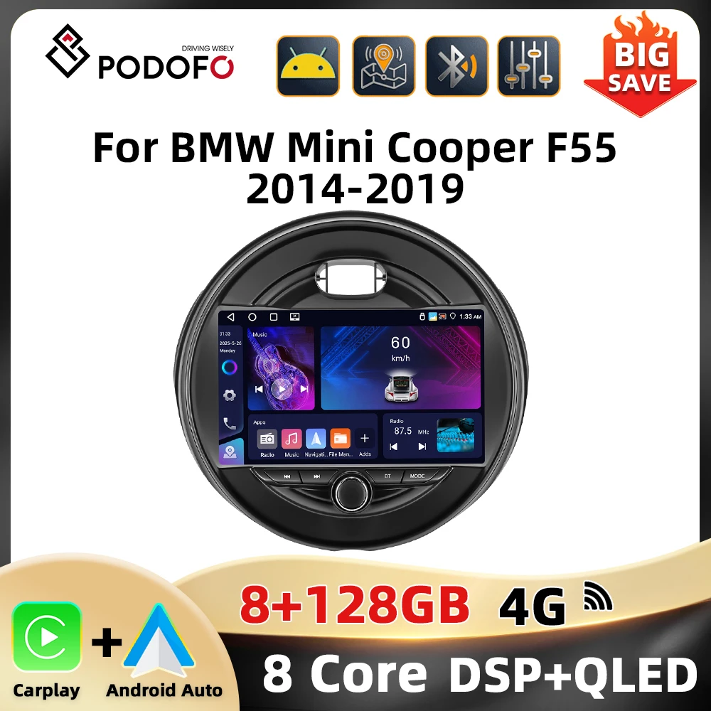 Podofo 8Core WIFI 4G Audio per auto per BMW Mini Cooper F55 2014-2019 Navigazione Carplay Android Auto AI Voice Mirror Link Car Stereo