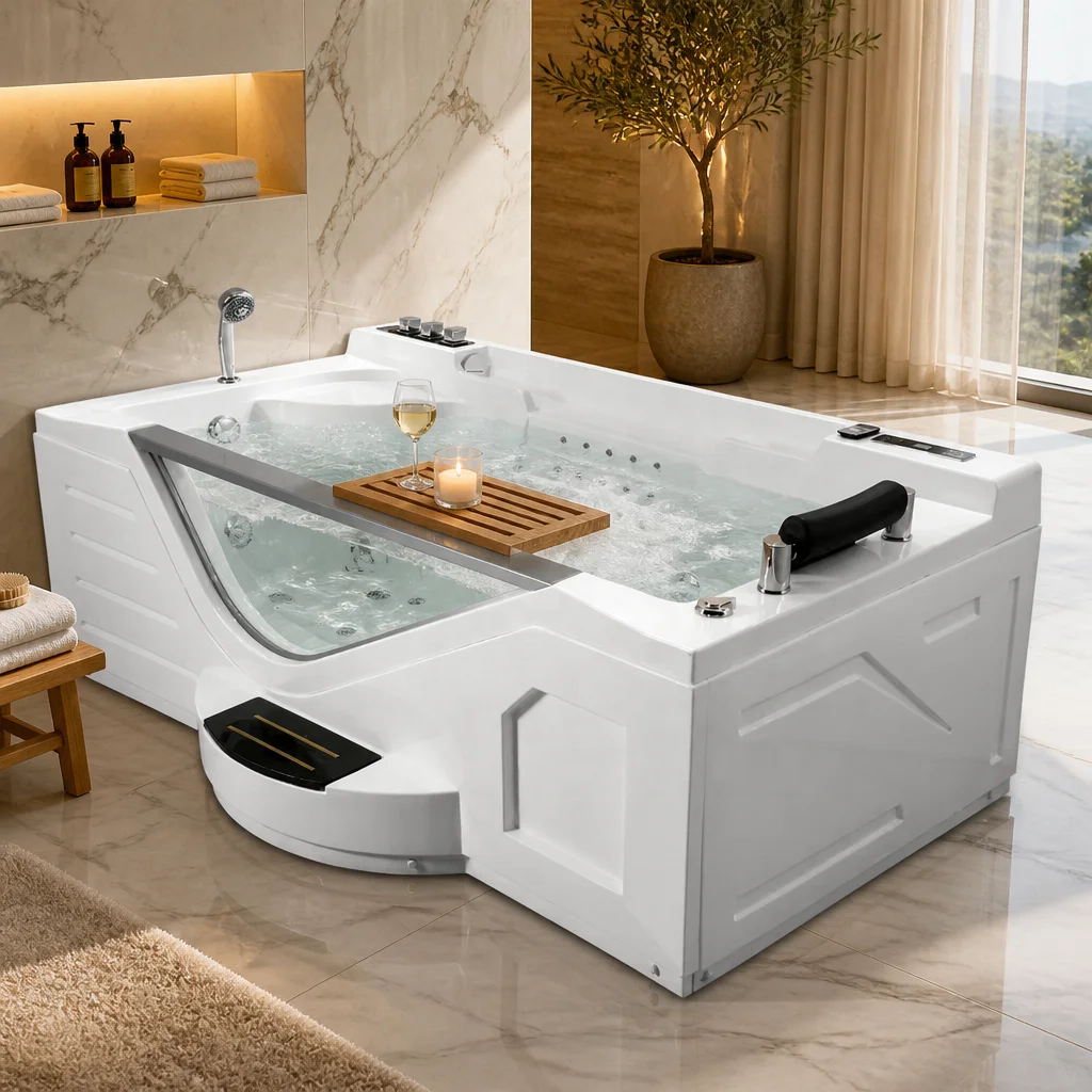 a*-Factory Low Minimum Order Customized CE Freestanding Massage Rectangle Waterfall Jets Armrest Pure White Indoor Hotel.