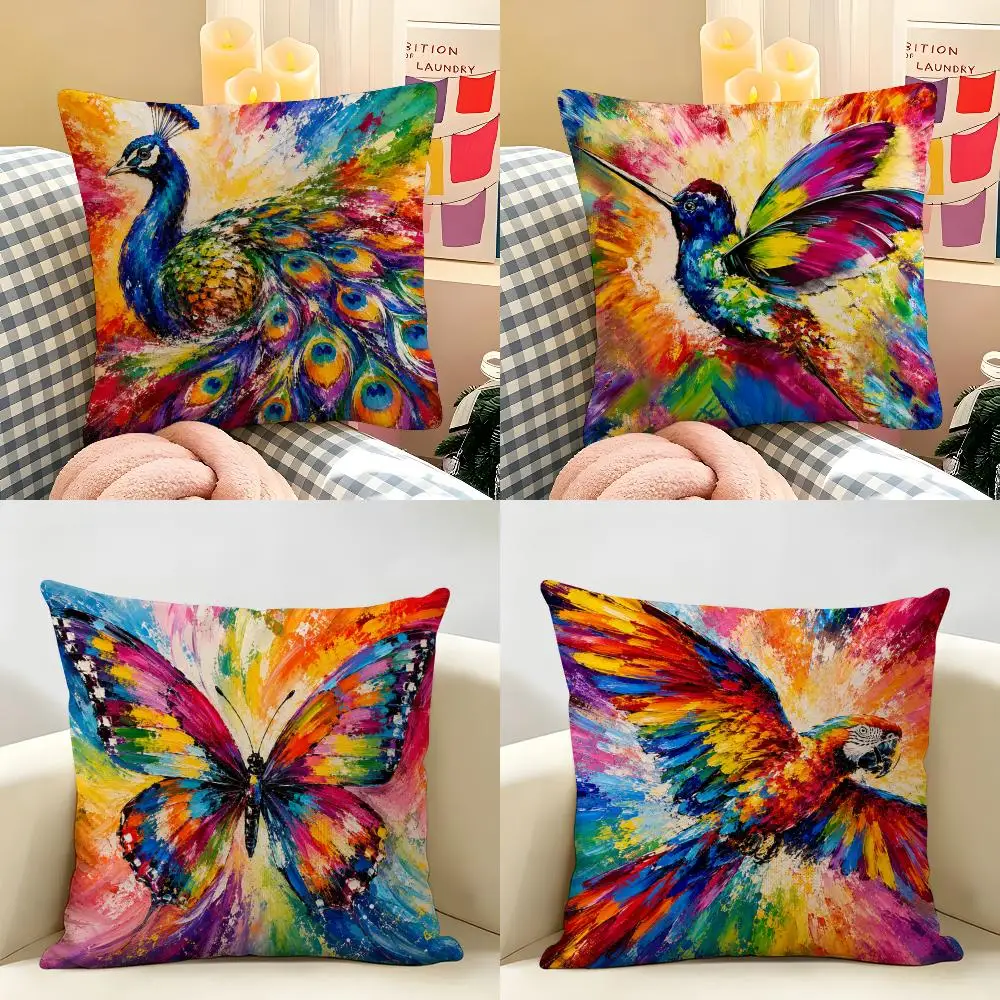 Colorful Hummingbird Cushion Cover Natural Linen Double Sided Print  Throw Pillow Case for Sofa Couch Home Decor