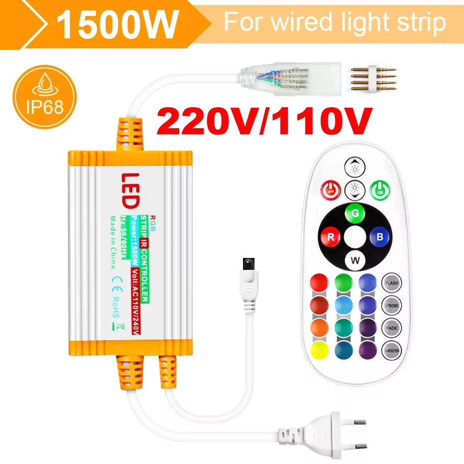 

IP68 Waterproof 220V/110V Neon Light RGB Controller 1500W with 24Keys IR Remote Control for 5050 2835 LED Strip Power EU Plug