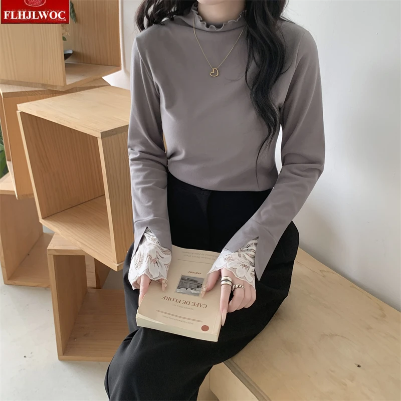 Mezza dolcevita Tees Top bianchi New Fashion Donna Manica lunga Casual Patchwork Pizzo bianco Solido Ragazze carine Corea Nozioni di base T-shirt