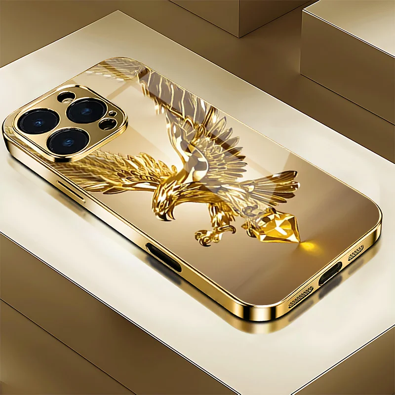 

Gold Eagle pattern electroplated glass phone case suitable for iPhone 17/16/15/14/13/12/11, etc. The best choice for gift giving