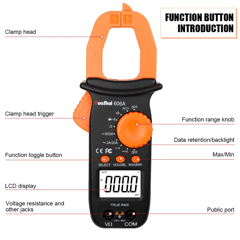 RuoShui Digital Clamp Multimeter Electronic  AC DC Current True RMS 600A Auto Range Voltmeter Resistance Ohm Tester Amp Meter