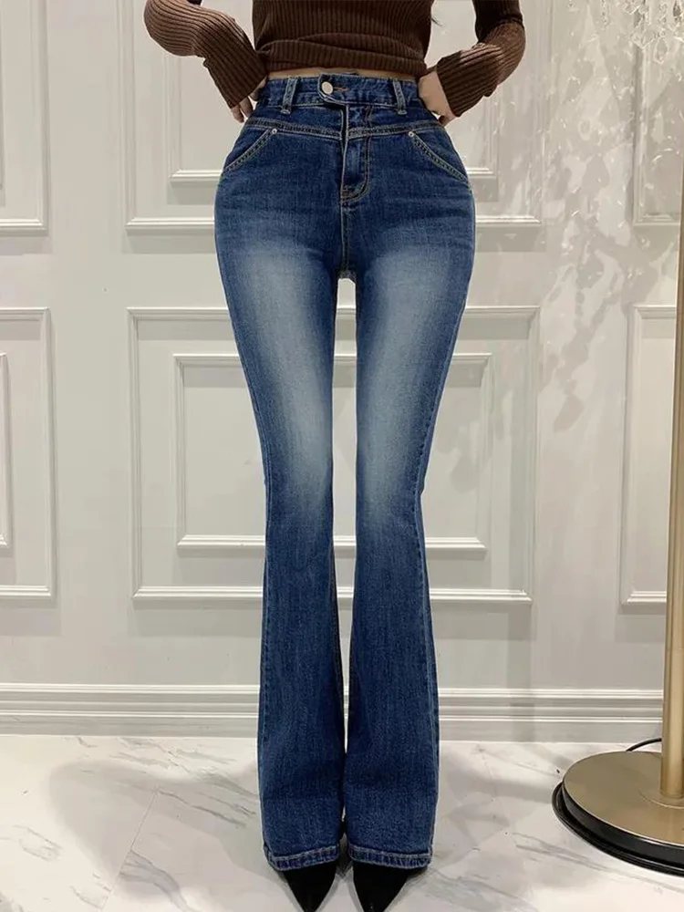 Casual High Waisted Elastic Denim Slim Fit Flared Pants 2024 Autumn New Fashionable Women'S Clothing