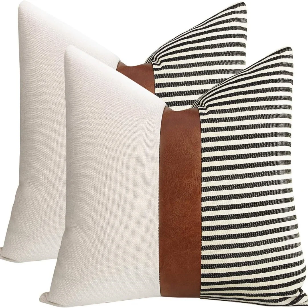 

PU Leather Patch Worked Cushion Cover Cotton Simple Brown White Black Pillow Cover Modern Home Decoration Sofa Bed Hidden Zip