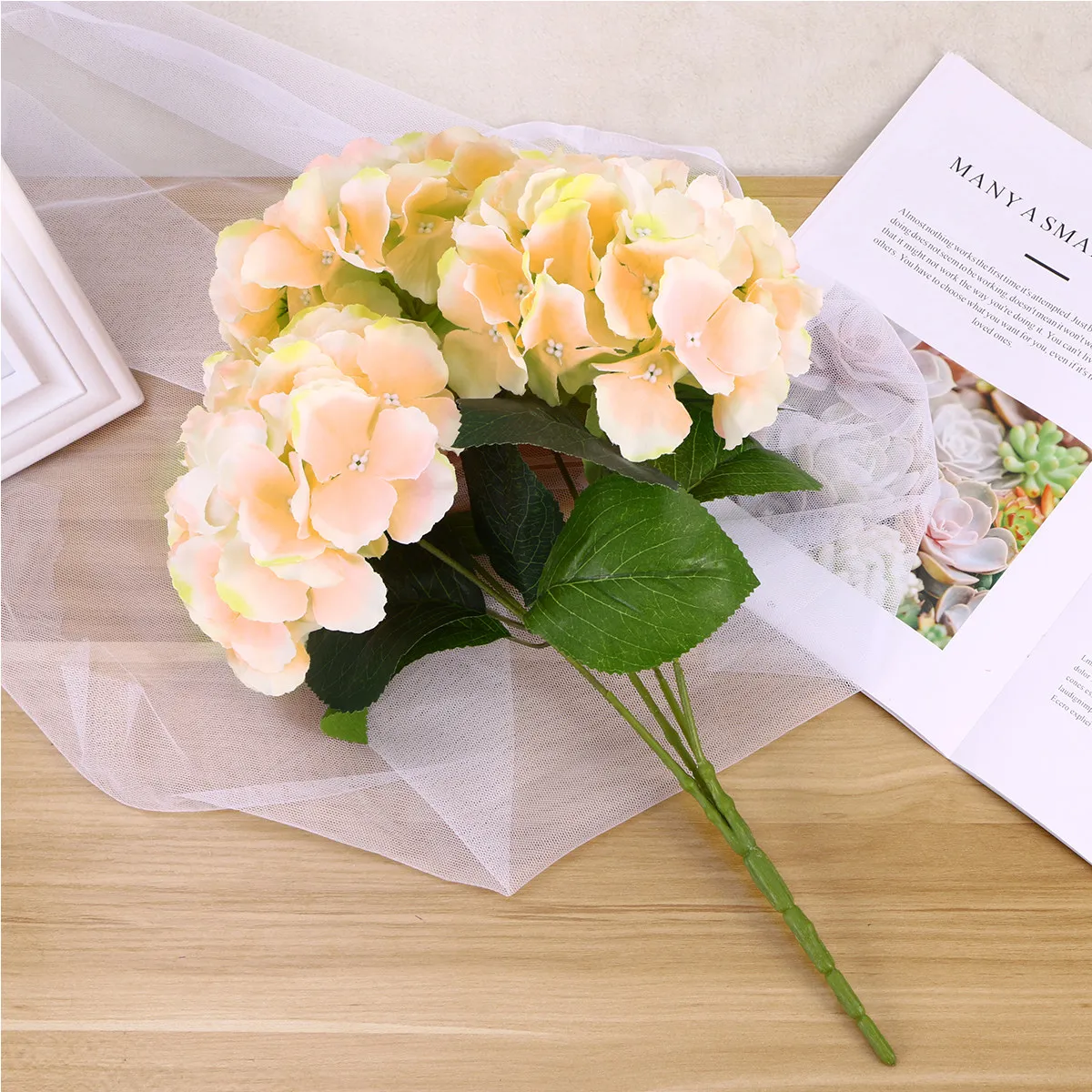 

Light Orange Artificial Hydrangea Flowers Single Stem Cloth Petals Plastic Stem Realistic Fake Flowers for Wedding Party