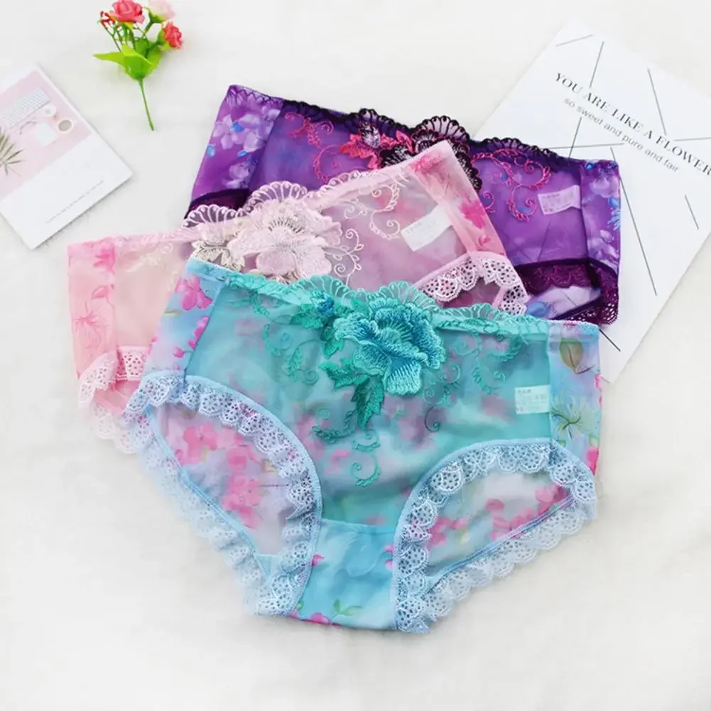 Women Panties Rose Embroidery Flower Print Mid Waist Underpants Stretch See-through Lace Sexy Ladies Briefs For Daily Wear