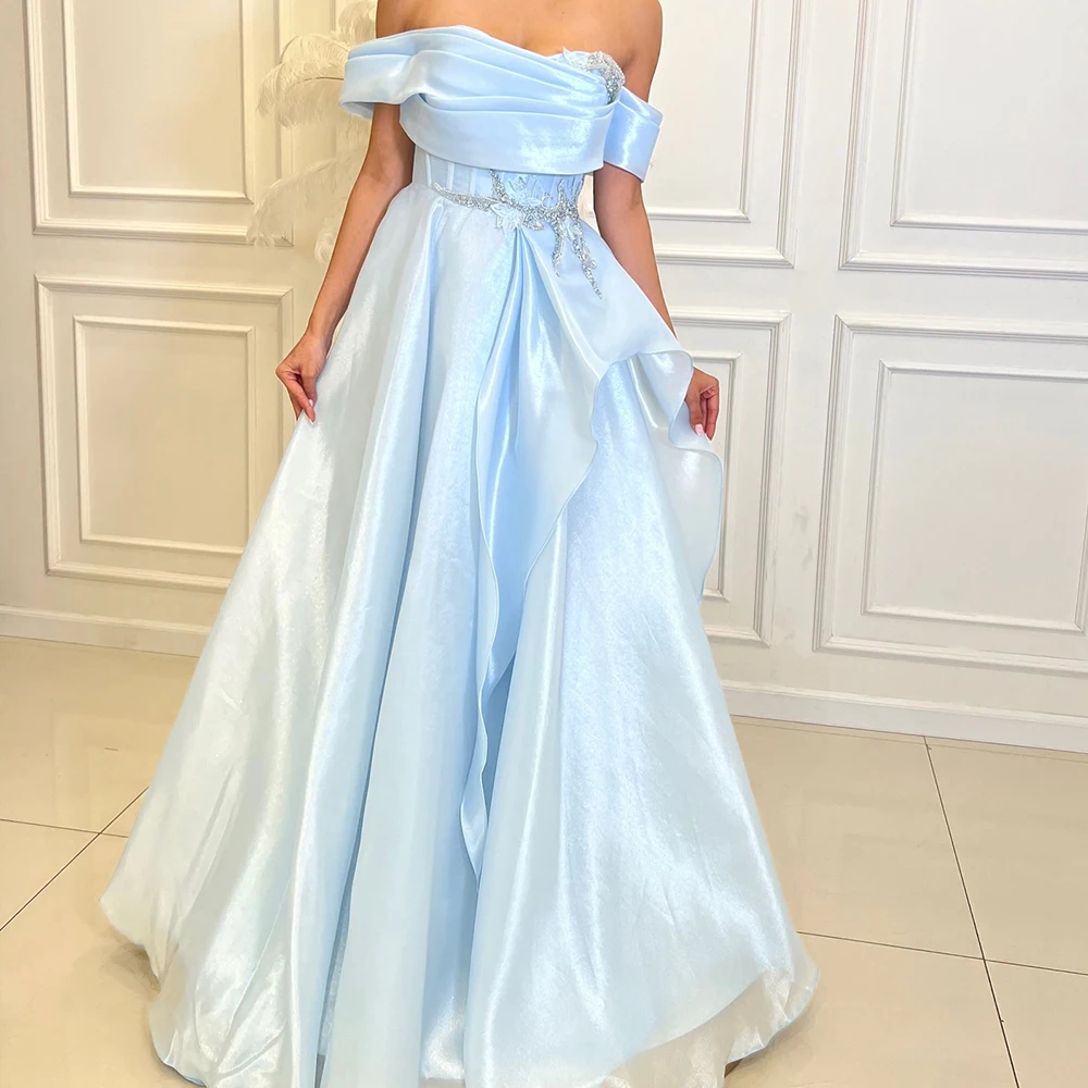 

A-Line Floor Length Strapless Off the Shoulder Satin Sleeveless Crystal Evening Dress Celebrity Gowns Exquisite and Fashion