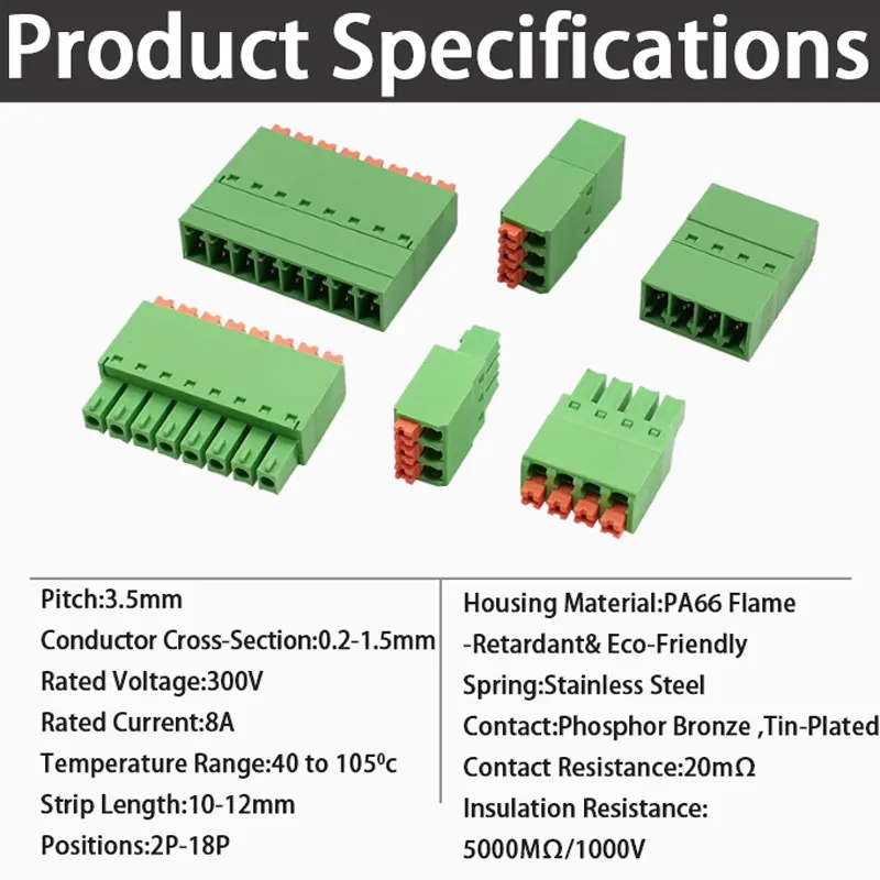 3.5mmFlat Spring-Loaded Connector Kit | Industrial 15EDGKNP Series 2-24P|Precision Equipment & IoT Devices|PA66 Flame Retardant