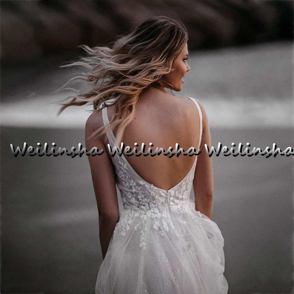 Weilinsha-Robes de mariée A-Line, Boho, Blanc, Tulle brillant, Quel que soit le dos nu, Appliques en dentelle, Mariée bohème, 2022